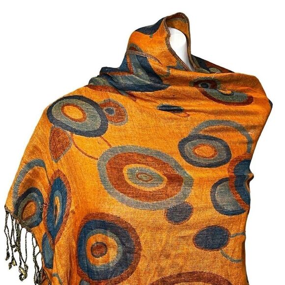 Pashmina orange and blue circle print scarf - Picture 3 of 12